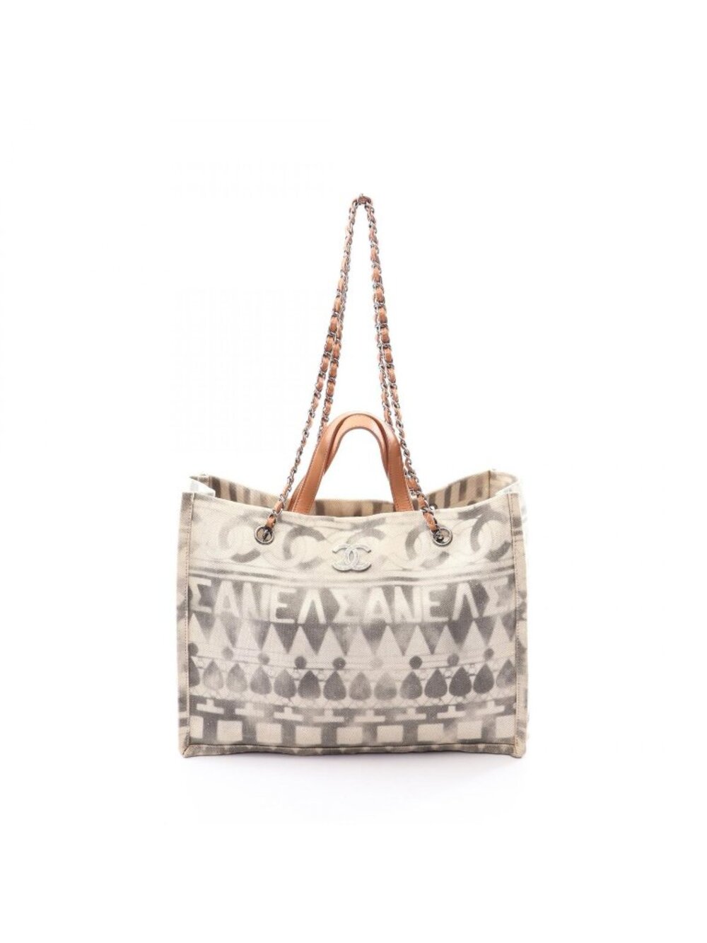 Chanel Tote Bag CC Logo 2-Way Off White Black Camel Canvas Leather Shoulder